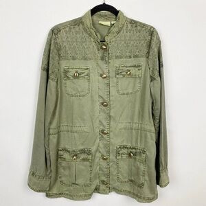 Chicos olive green soft embroidered utility military Shacket jacket Size 3